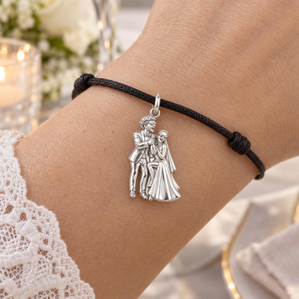 Wedding Celebration Charm Bracelet – Personalized Couple Gift – worn on the wrist on a black cord bracelet