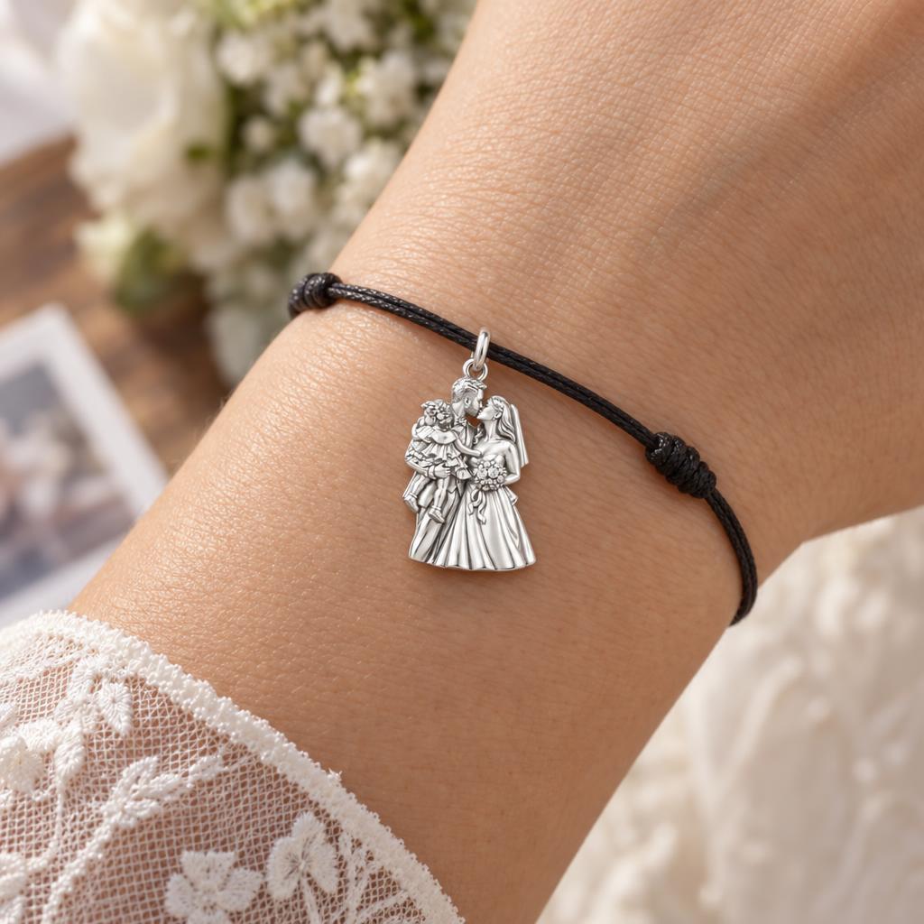 Wedding Day Family Embrace Charm Bracelet – Wedding couple – worn on the wrist on a black cord bracelet