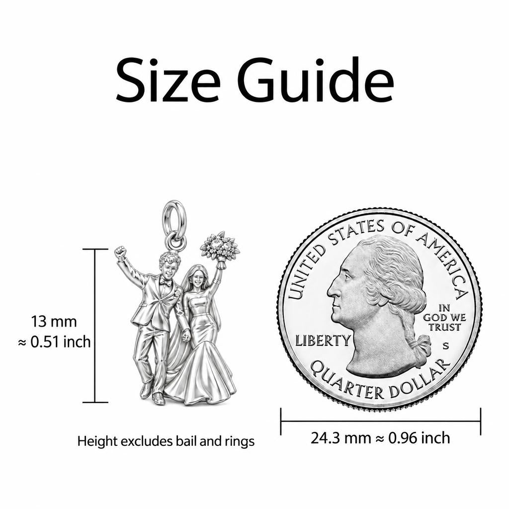 Wedding Day Joy Charm Bracelet – Personalized Couple Gift – size guide, 13 mm charm next to a quarter