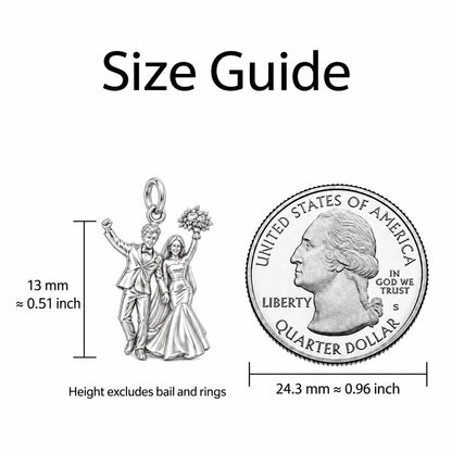 Wedding Day Joy Charm Bracelet – Personalized Couple Gift – size guide, 13 mm charm next to a quarter