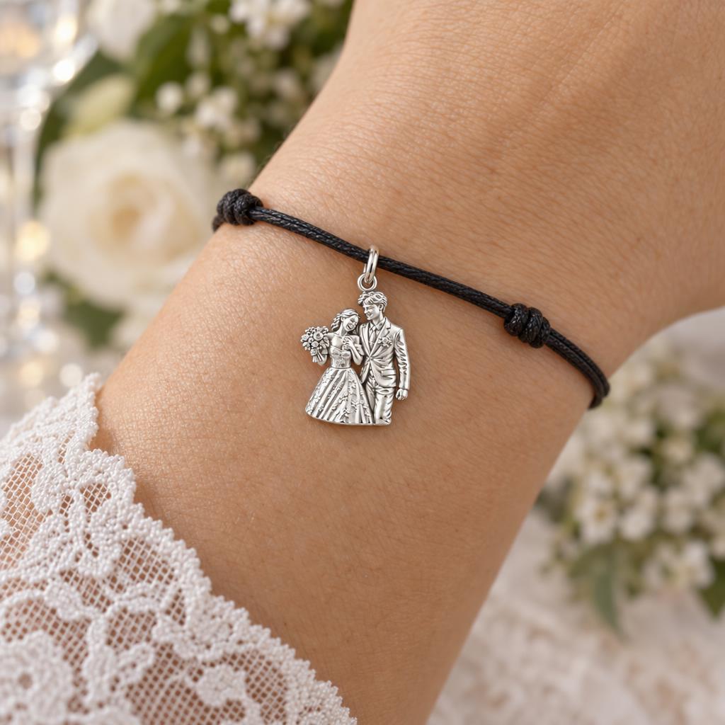 Wedding Day Joy Charm Bracelet – Personalized Couple Gift – worn on the wrist on a black cord bracelet