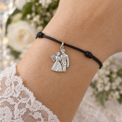 Wedding Day Joy Charm Bracelet – Personalized Couple Gift – worn on the wrist on a black cord bracelet