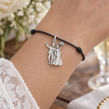 Wedding Day Joy Charm Bracelet – Personalized Couple Gift – worn on the wrist on a black cord bracelet