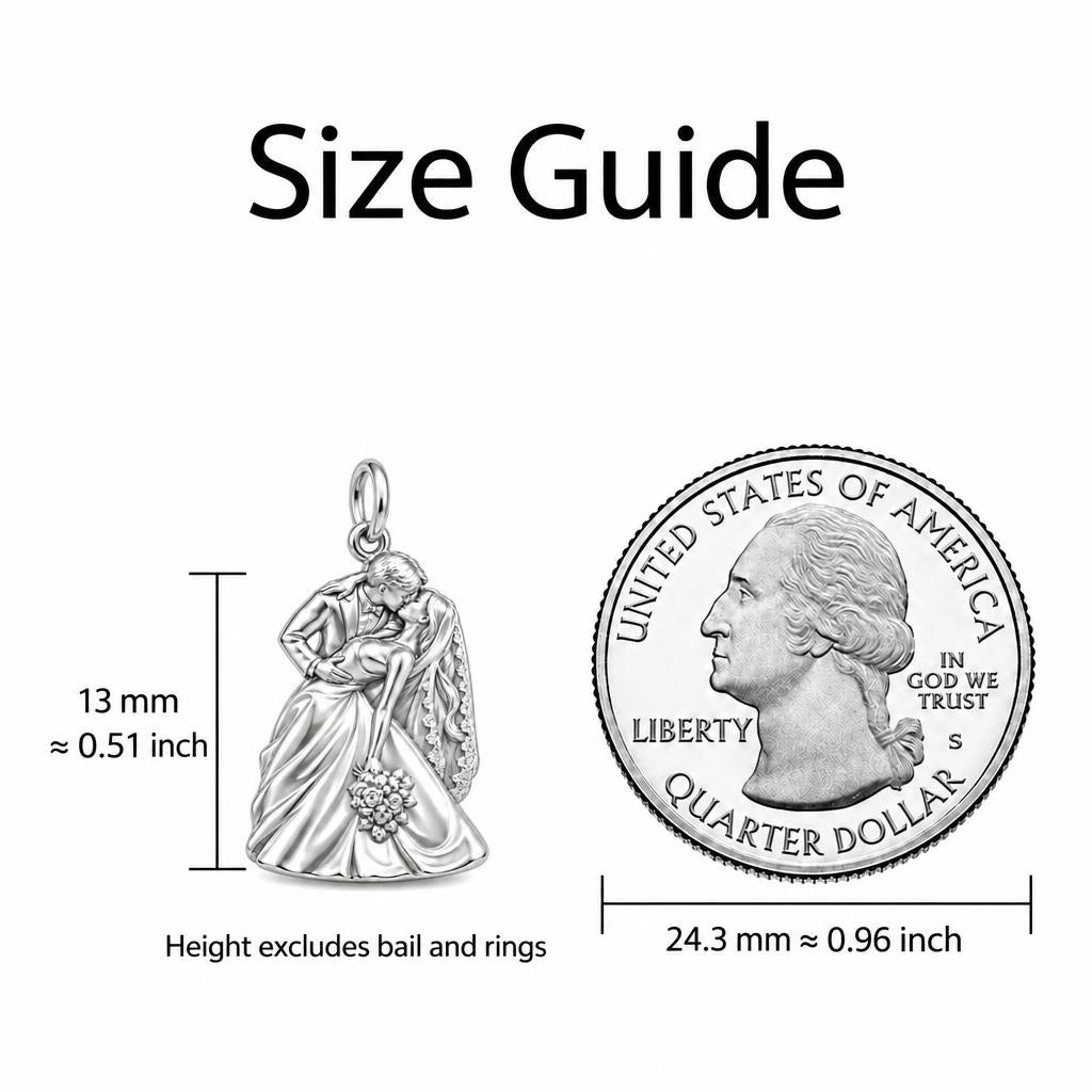 Wedding Dip Kiss Charm Bracelet – Personalized Couple Gift – size guide, 13 mm charm next to a quarter