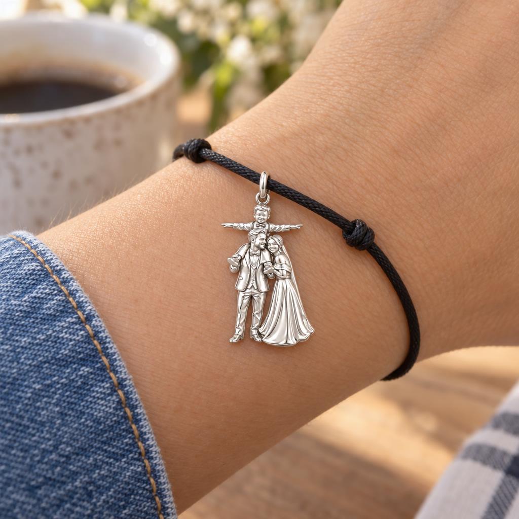 Wedding Family Journey Charm Bracelet – Personalized Mom Gift – worn on the wrist on a black cord bracelet