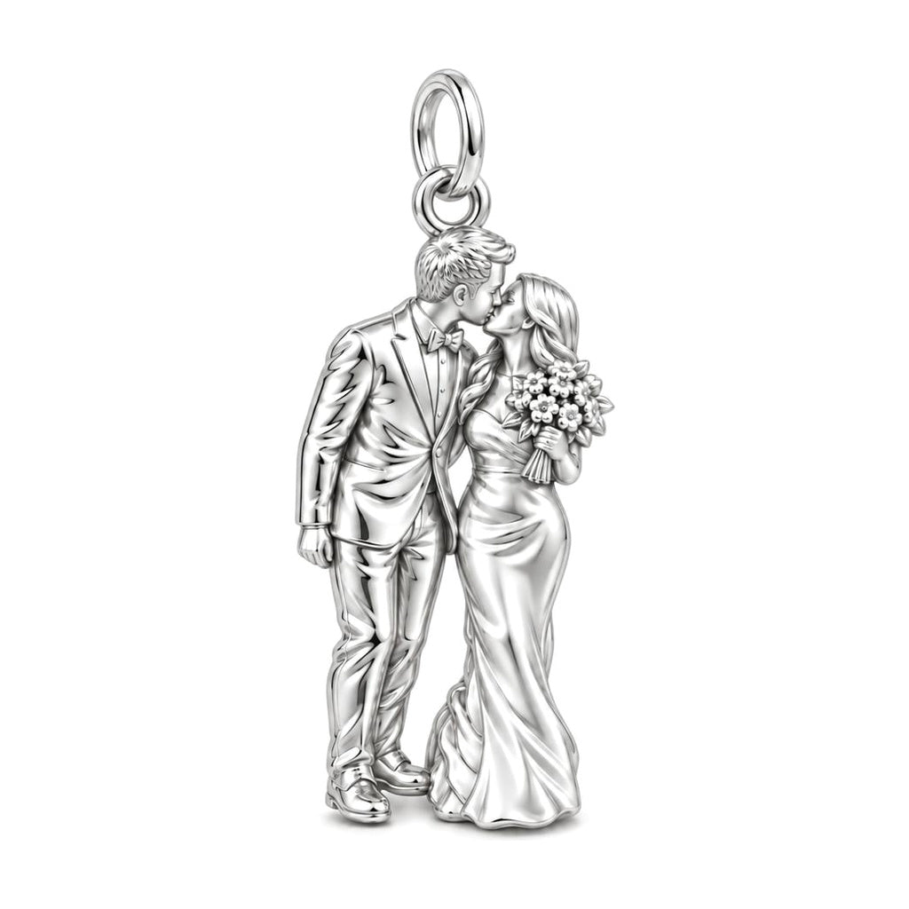 Wedding First Kiss Charm Bracelet – Personalized Couple Gift – silver charm, front view
