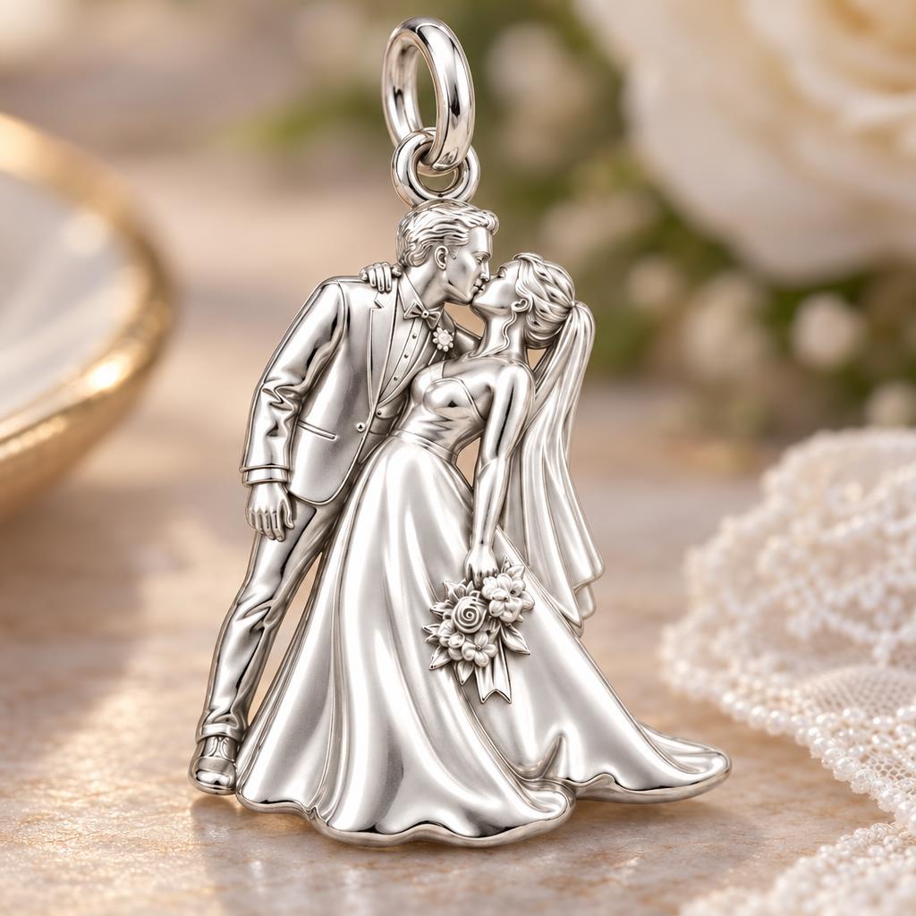 Wedding First Kiss Charm Bracelet – Personalized Couple Gift – macro detail of the charm