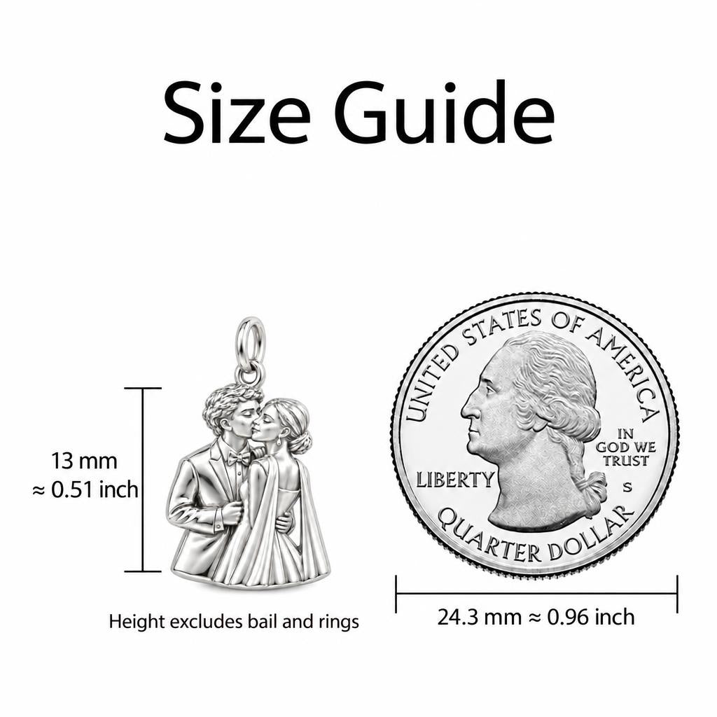 Wedding First Kiss Charm Bracelet – Personalized Couple Gift – size guide, 13 mm charm next to a quarter
