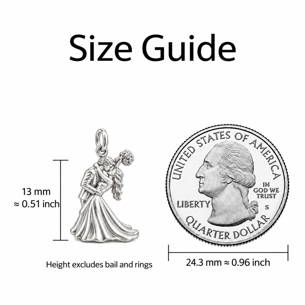 Wedding First Kiss Charm Bracelet – Personalized Couple Gift – size guide, 13 mm charm next to a quarter