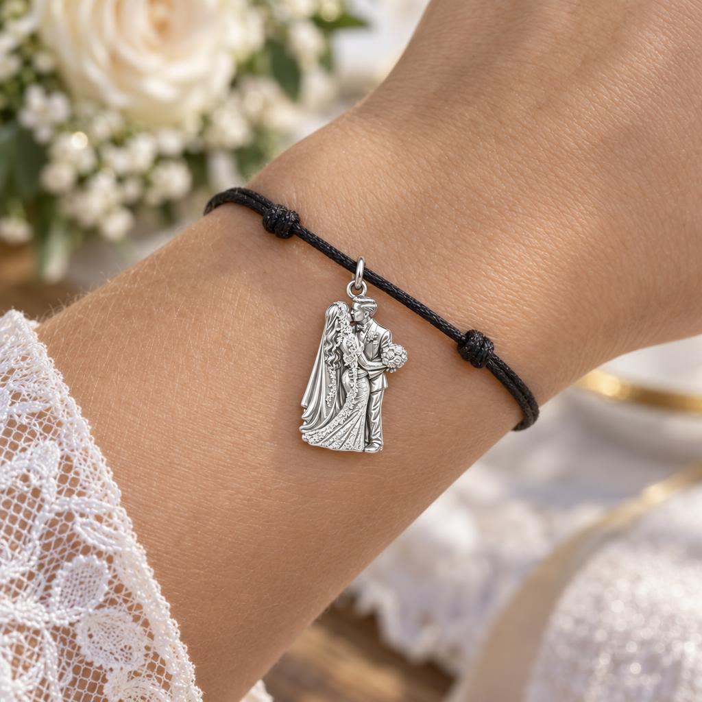 Wedding First Kiss Charm Bracelet – Personalized Couple Gift – worn on the wrist on a black cord bracelet