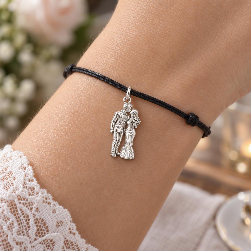 Wedding First Kiss Charm Bracelet – Personalized Couple Gift – worn on the wrist on a black cord bracelet