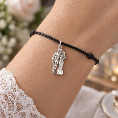Wedding First Kiss Charm Bracelet – Personalized Couple Gift – worn on the wrist on a black cord bracelet