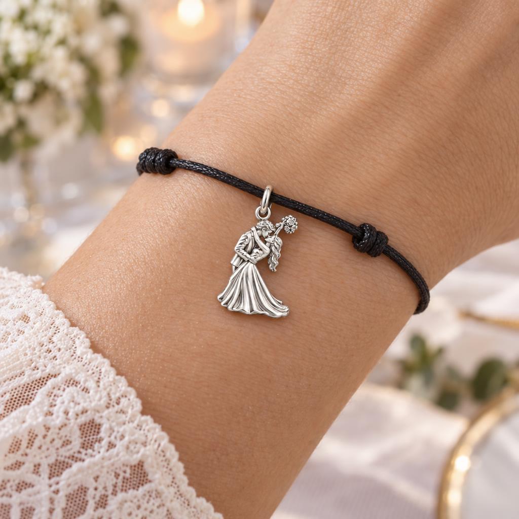 Wedding First Kiss Charm Bracelet – Personalized Couple Gift – worn on the wrist on a black cord bracelet