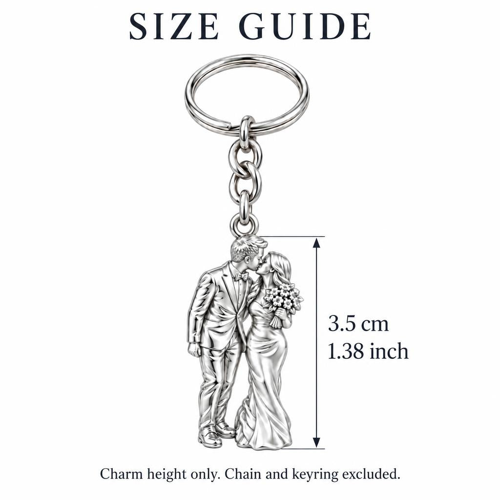 Wedding First Kiss Charm Keychain – size guide, 3.5 cm (1.38 in) charm, chain and keyring excluded