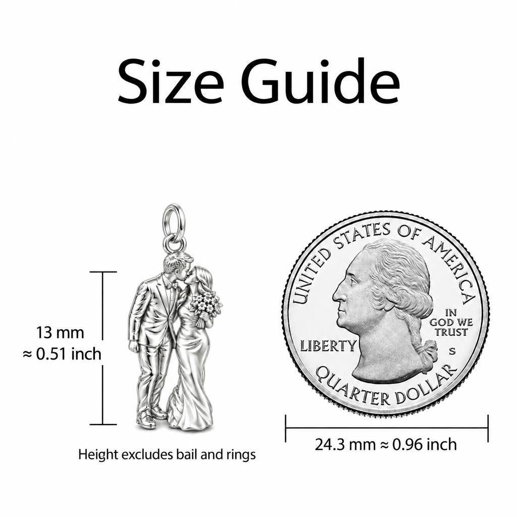 Wedding First Kiss Huggie Charm Earrings – size guide, 13 mm charm next to a quarter