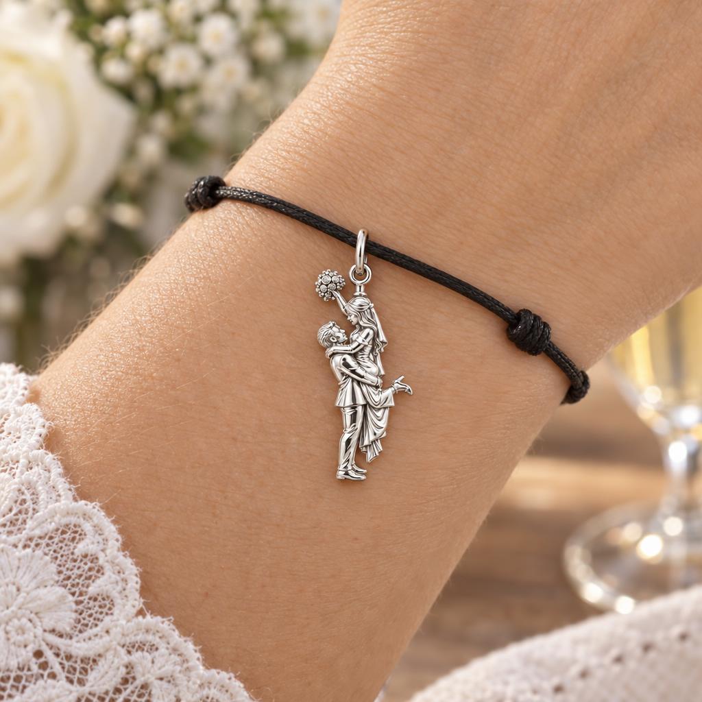 Wedding Lift Celebration Charm Bracelet – Personalized Couple Gift – worn on the wrist on a black cord bracelet