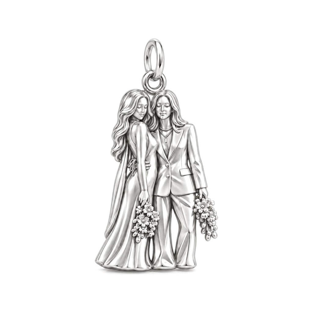 Wedding Likeness Portrait Charm Bracelet – Personalized Couple Gift – silver charm, front view