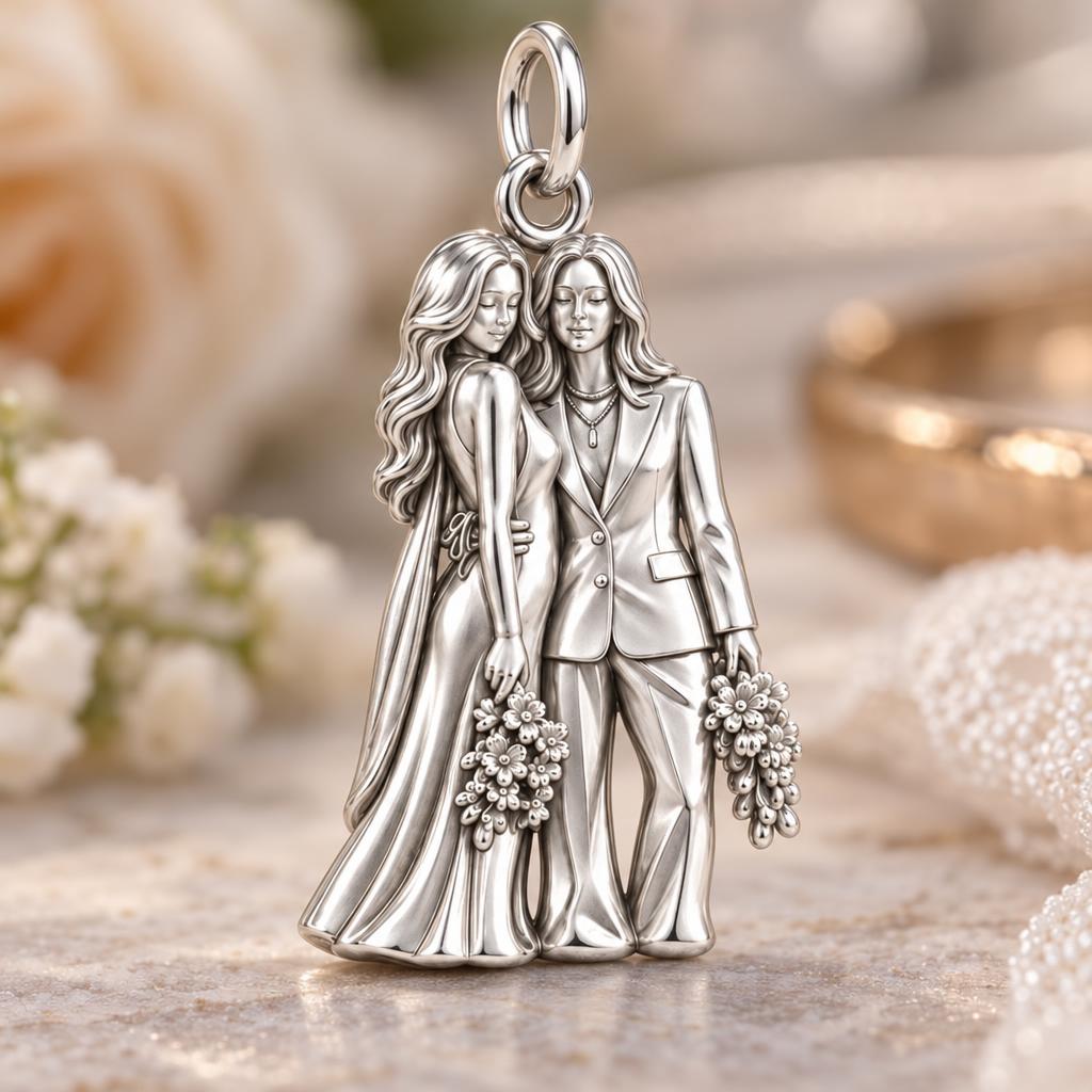 Wedding Likeness Portrait Charm Bracelet – Personalized Couple Gift – macro detail of the charm