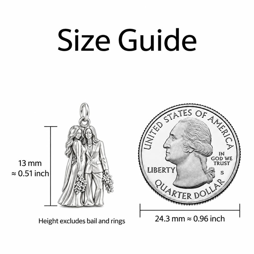 Wedding Likeness Portrait Charm Bracelet – Personalized Couple Gift – size guide, 13 mm charm next to a quarter