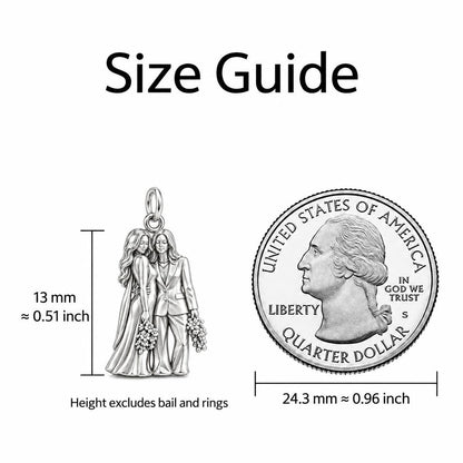 Wedding Likeness Portrait Charm Bracelet – Personalized Couple Gift – size guide, 13 mm charm next to a quarter
