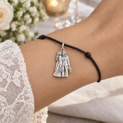 Wedding Likeness Portrait Charm Bracelet – Personalized Couple Gift – worn on the wrist on a black cord bracelet