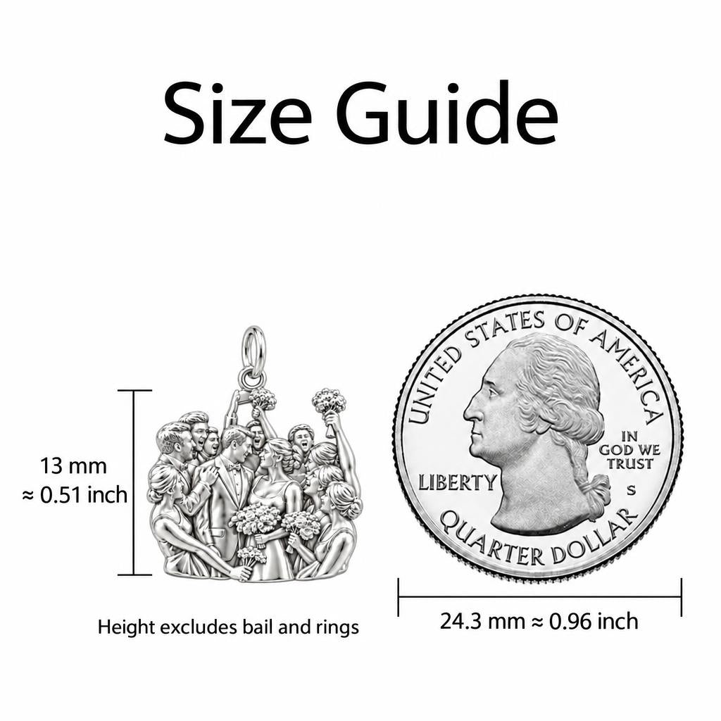 Wedding Party Celebration Charm Bracelet – Personalized Couple Gift – size guide, 13 mm charm next to a quarter