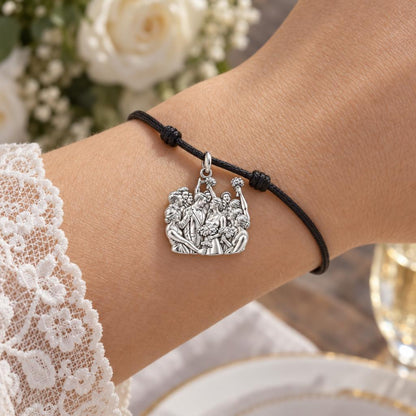 Wedding Party Celebration Charm Bracelet – Personalized Couple Gift – worn on the wrist on a black cord bracelet
