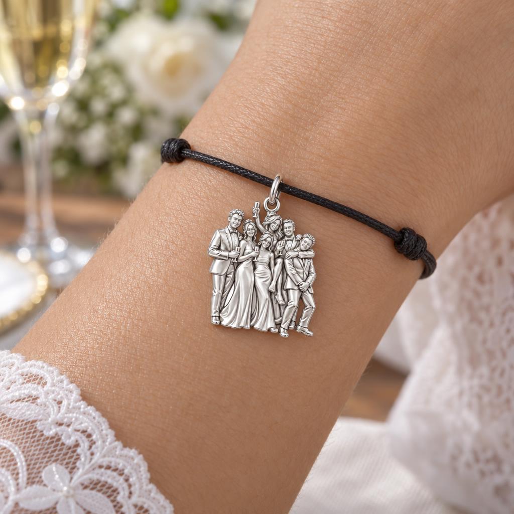 Wedding Party Celebration Charm Bracelet – Personalized Couple Gift – worn on the wrist on a black cord bracelet