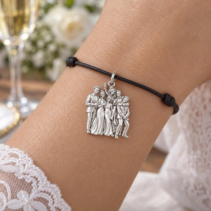 Wedding Party Celebration Charm Bracelet – Personalized Couple Gift – worn on the wrist on a black cord bracelet