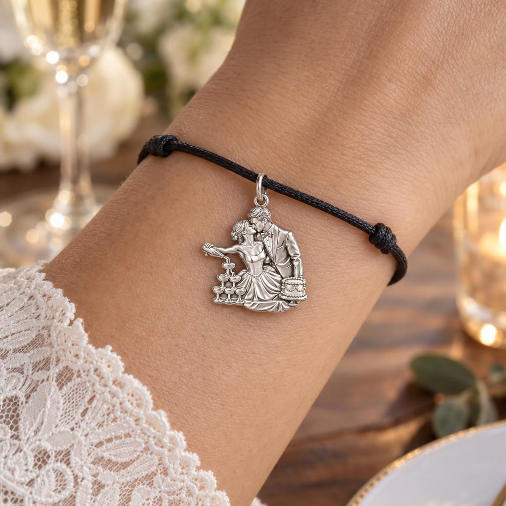Wedding Toast Celebration Charm Bracelet – Personalized Couple Gift – worn on the wrist on a black cord bracelet