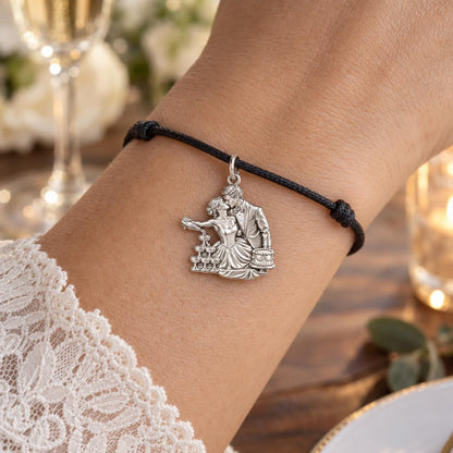 Wedding Toast Celebration Charm Bracelet – Personalized Couple Gift – worn on the wrist on a black cord bracelet