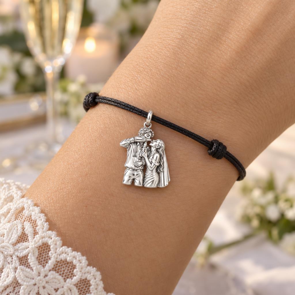 Wedding Toast Celebration Charm Bracelet – Personalized Couple Gift – worn on the wrist on a black cord bracelet