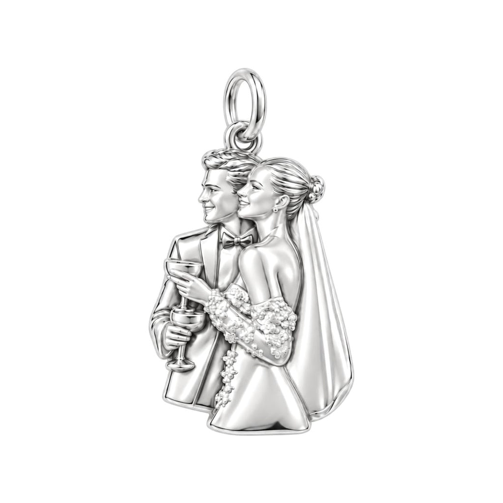 Wedding Toast Silhouette Charm Bracelet – Personalized Couple Gift – silver charm, front view