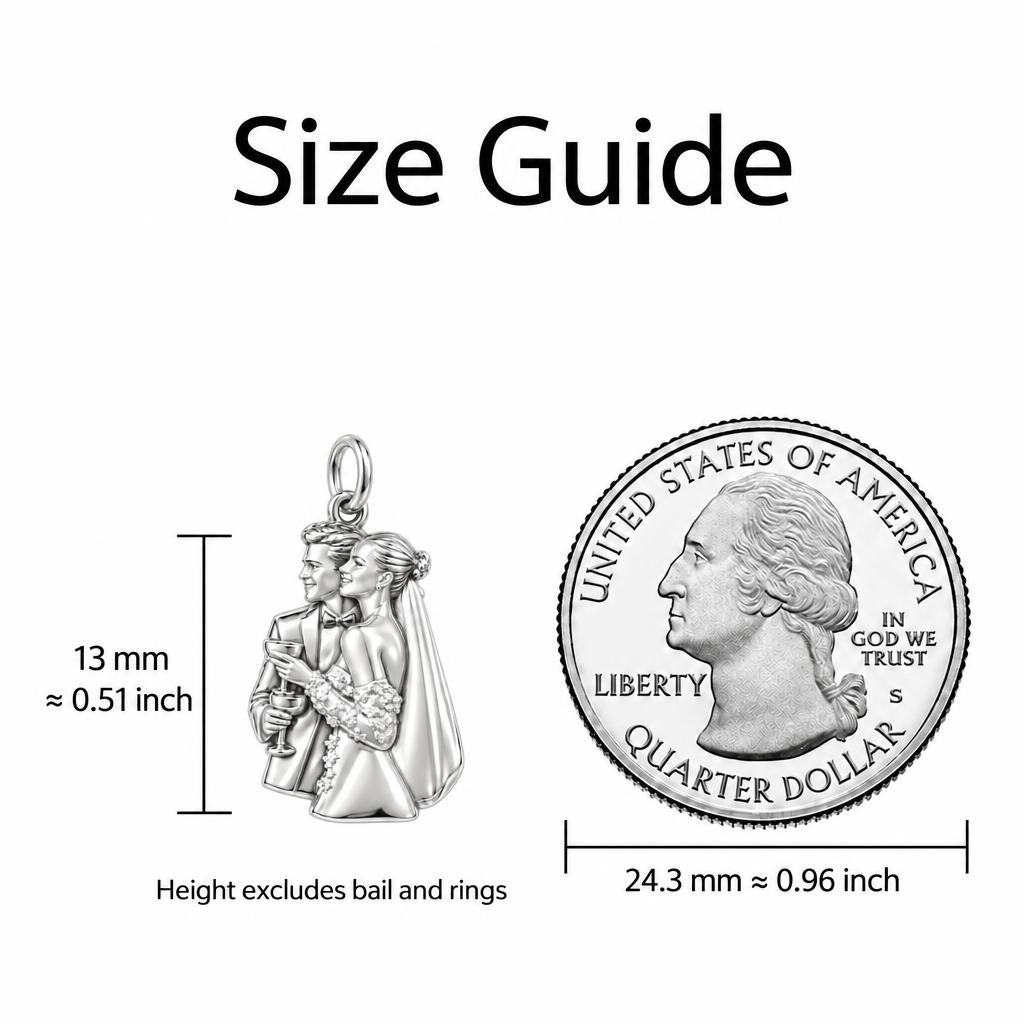 Wedding Toast Silhouette Charm Bracelet – Personalized Couple Gift – size guide, 13 mm charm next to a quarter