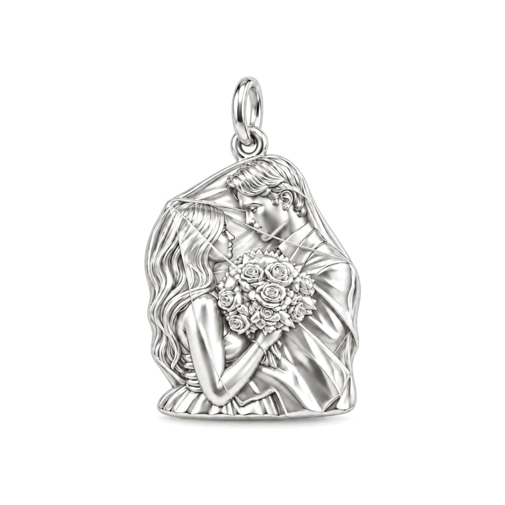 Wedding Veil Embrace Charm Bracelet – Personalized Couple Gift – silver charm, front view