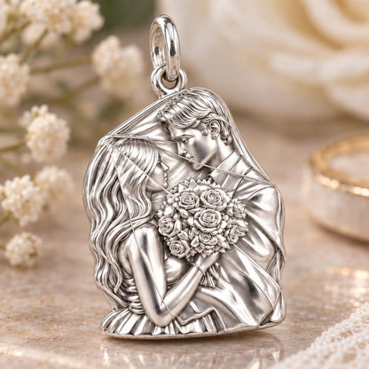 Wedding Veil Embrace Charm Bracelet – Personalized Couple Gift – macro detail of the charm