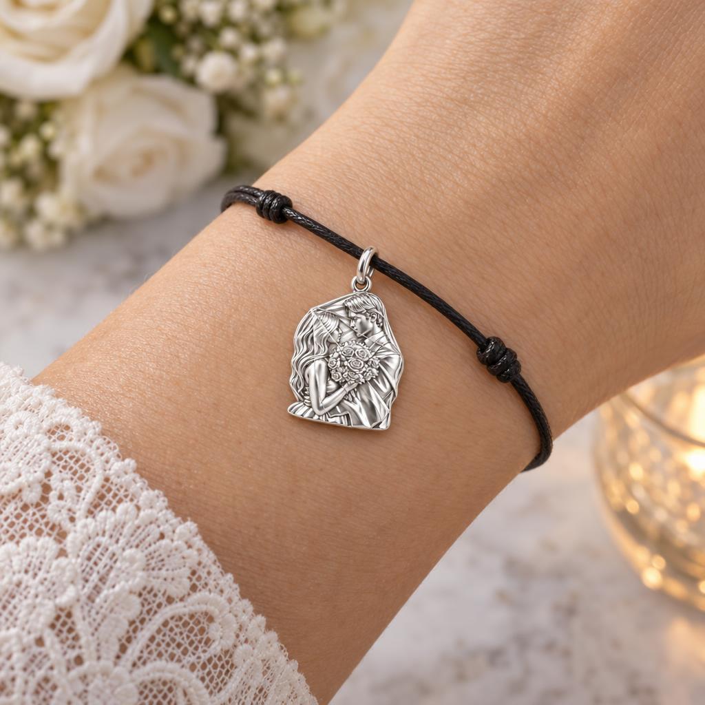 Wedding Veil Embrace Charm Bracelet – Personalized Couple Gift – worn on the wrist on a black cord bracelet