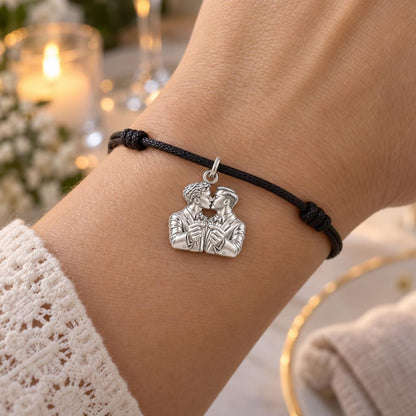 Wedding Vow Kiss Charm Bracelet – Personalized Couple Gift – worn on the wrist on a black cord bracelet