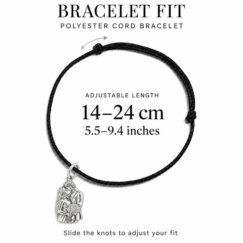 Wedding Vows Keepsake Charm Bracelet – Personalized Couple Gift – adjustable black cord bracelet, 14–24 cm