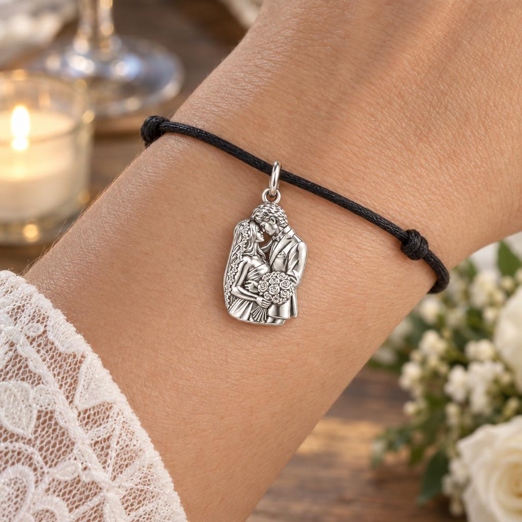 Wedding Vows Keepsake Charm Bracelet – Personalized Couple Gift – worn on the wrist on a black cord bracelet
