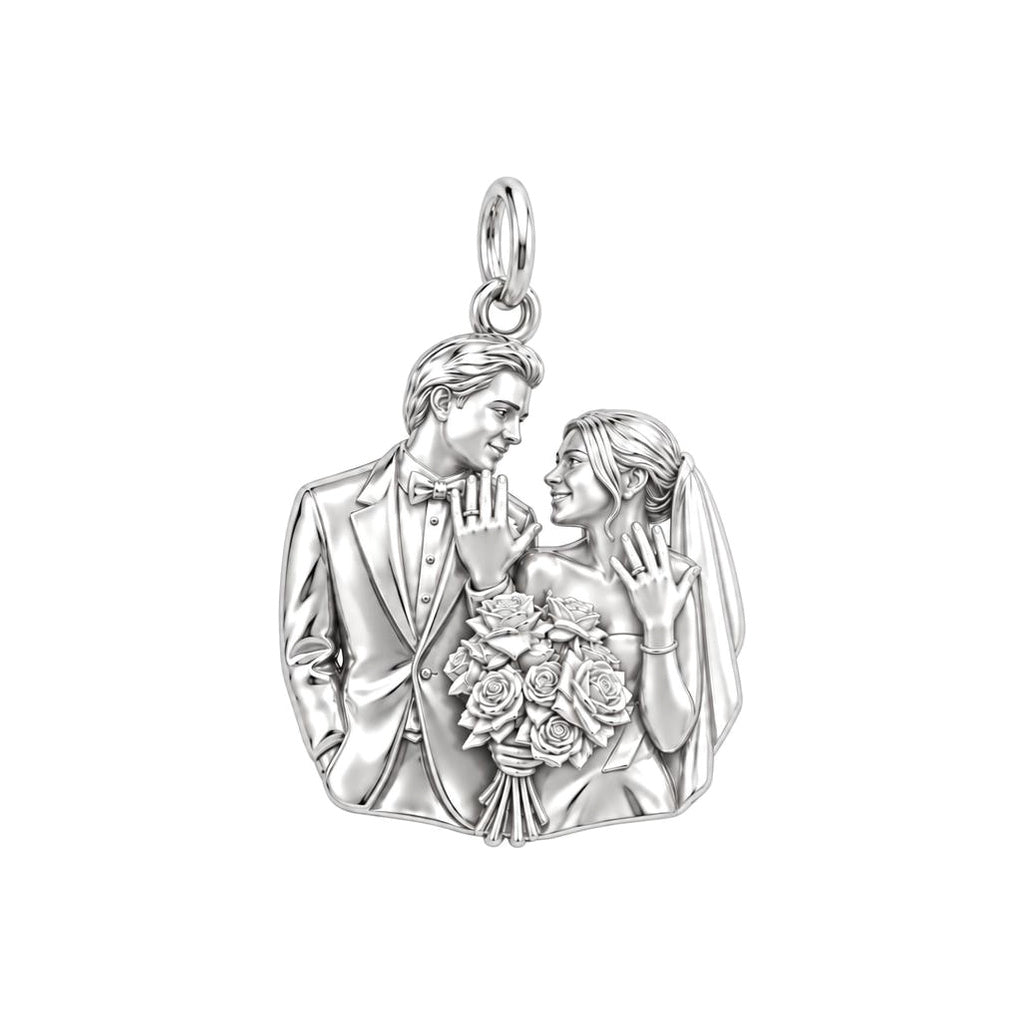 Wedding Vows Silhouette Charm Bracelet – Personalized Couple Gift – silver charm, front view