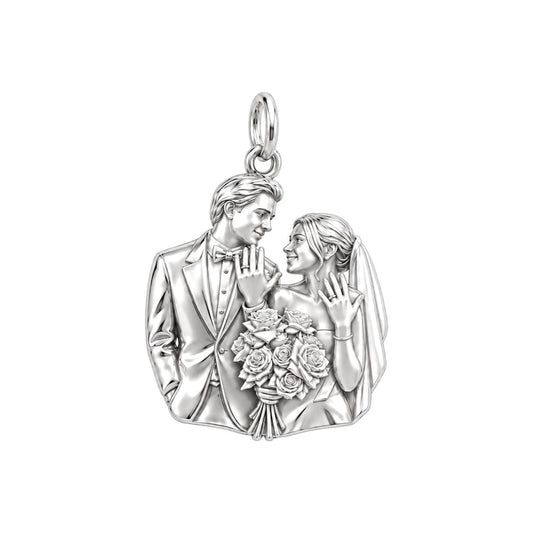 Wedding Vows Silhouette Charm Bracelet – Personalized Couple Gift – silver charm, front view