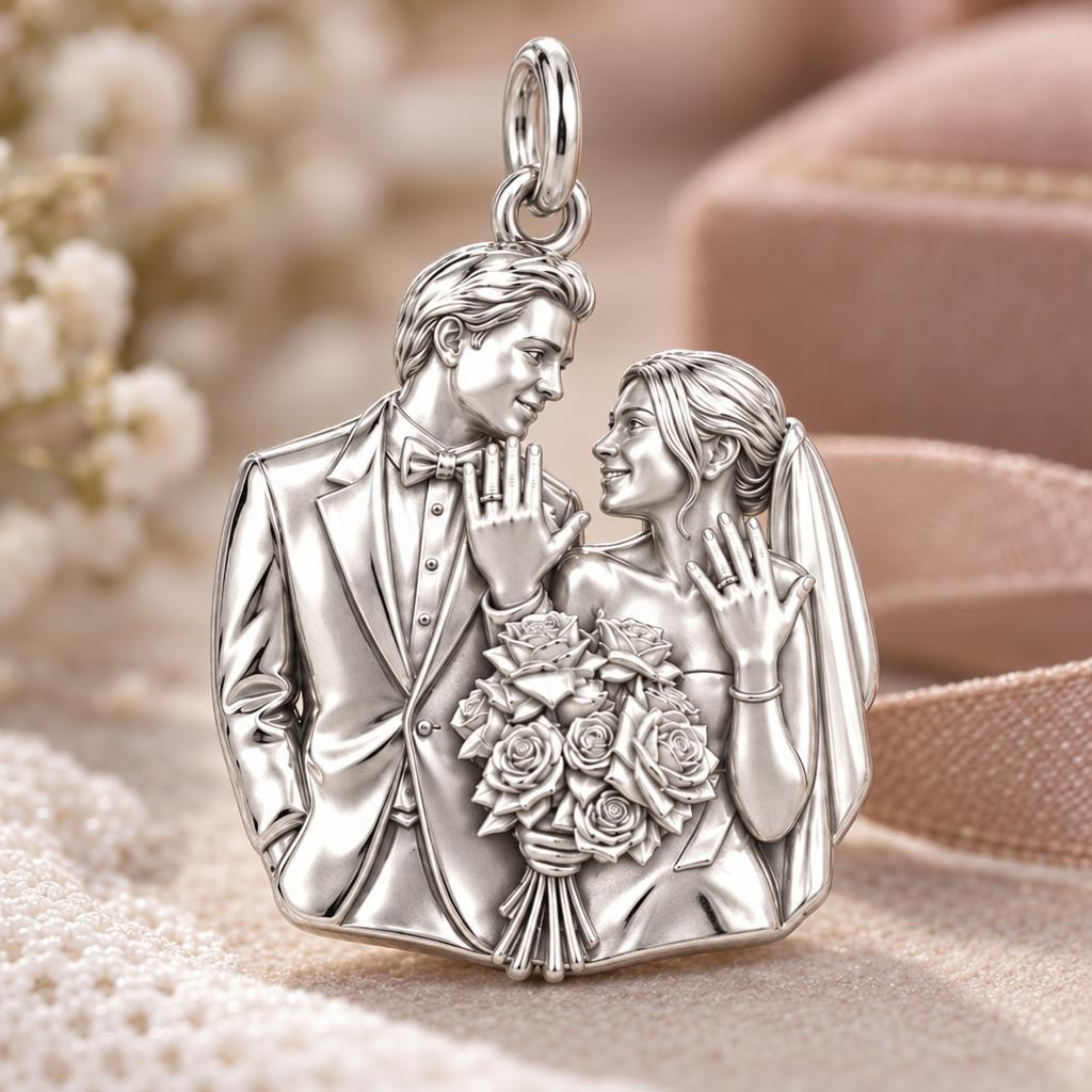 Wedding Vows Silhouette Charm Bracelet – Personalized Couple Gift – macro detail of the charm