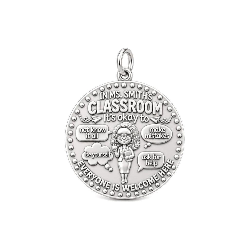 Welcome Classroom Charm Bracelet – Personalized Teacher Gift – silver plated 3 cm charm, front view