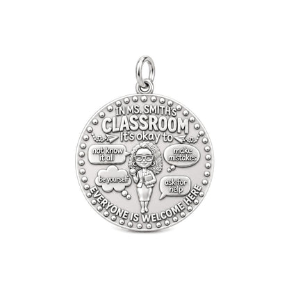 Welcome Classroom Charm Bracelet – Personalized Teacher Gift – silver plated 3 cm charm, front view