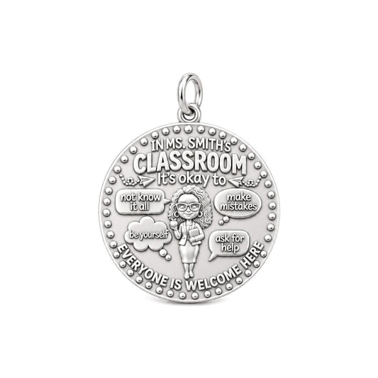 Welcome Classroom Charm Bracelet – Personalized Teacher Gift – silver plated 3 cm charm, front view