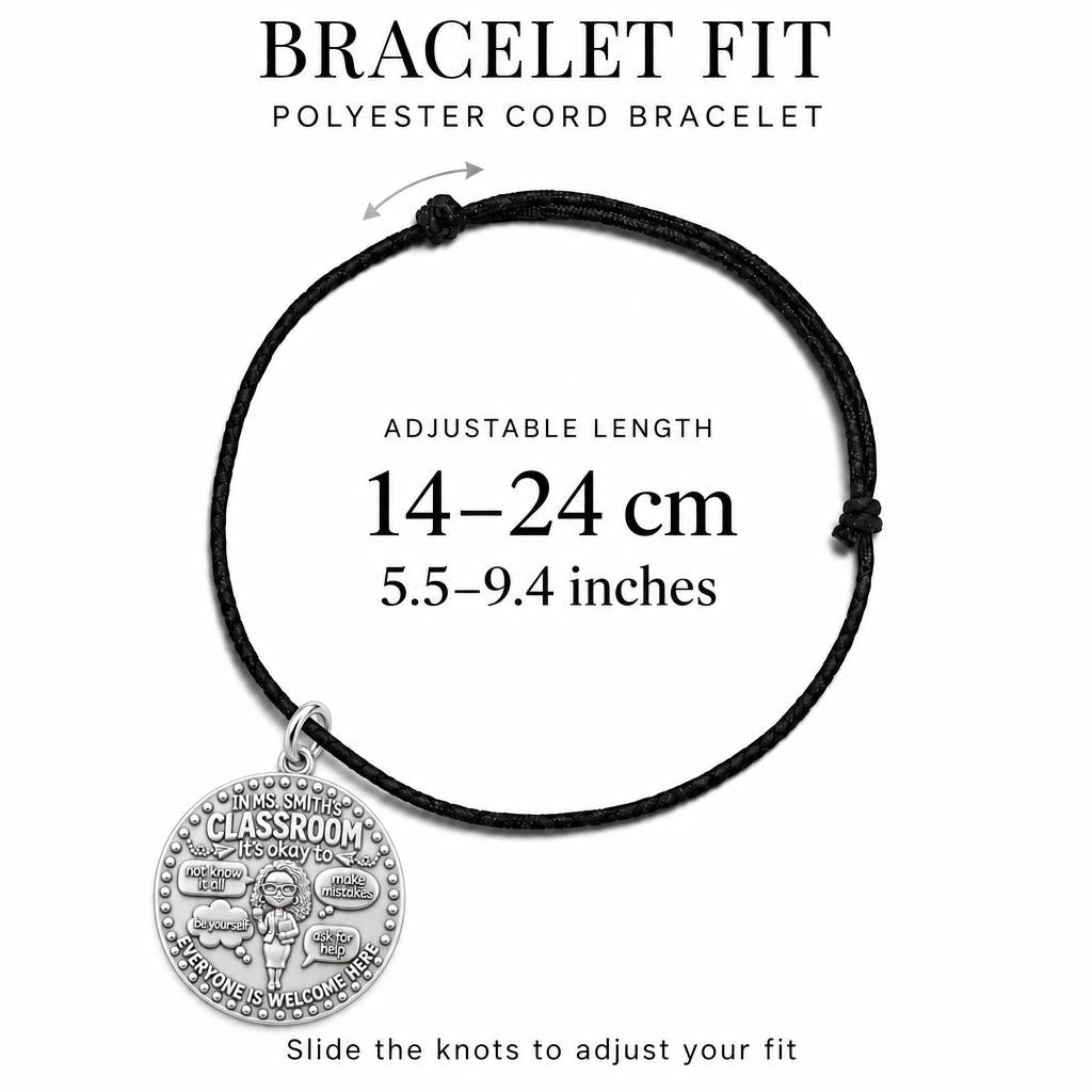 Welcome Classroom Charm Bracelet – Personalized Teacher Gift – adjustable black cord bracelet, 14–24 cm