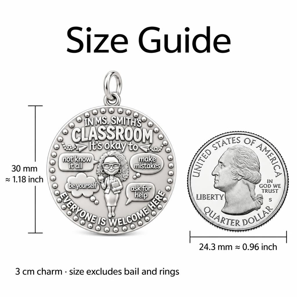 Welcome Classroom Charm Bracelet – Personalized Teacher Gift – size guide, 3 cm charm next to a quarter
