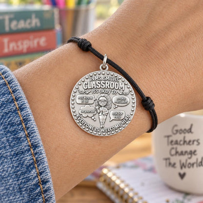 Welcome Classroom Charm Bracelet – Personalized Teacher Gift – worn on the wrist on a black cord bracelet