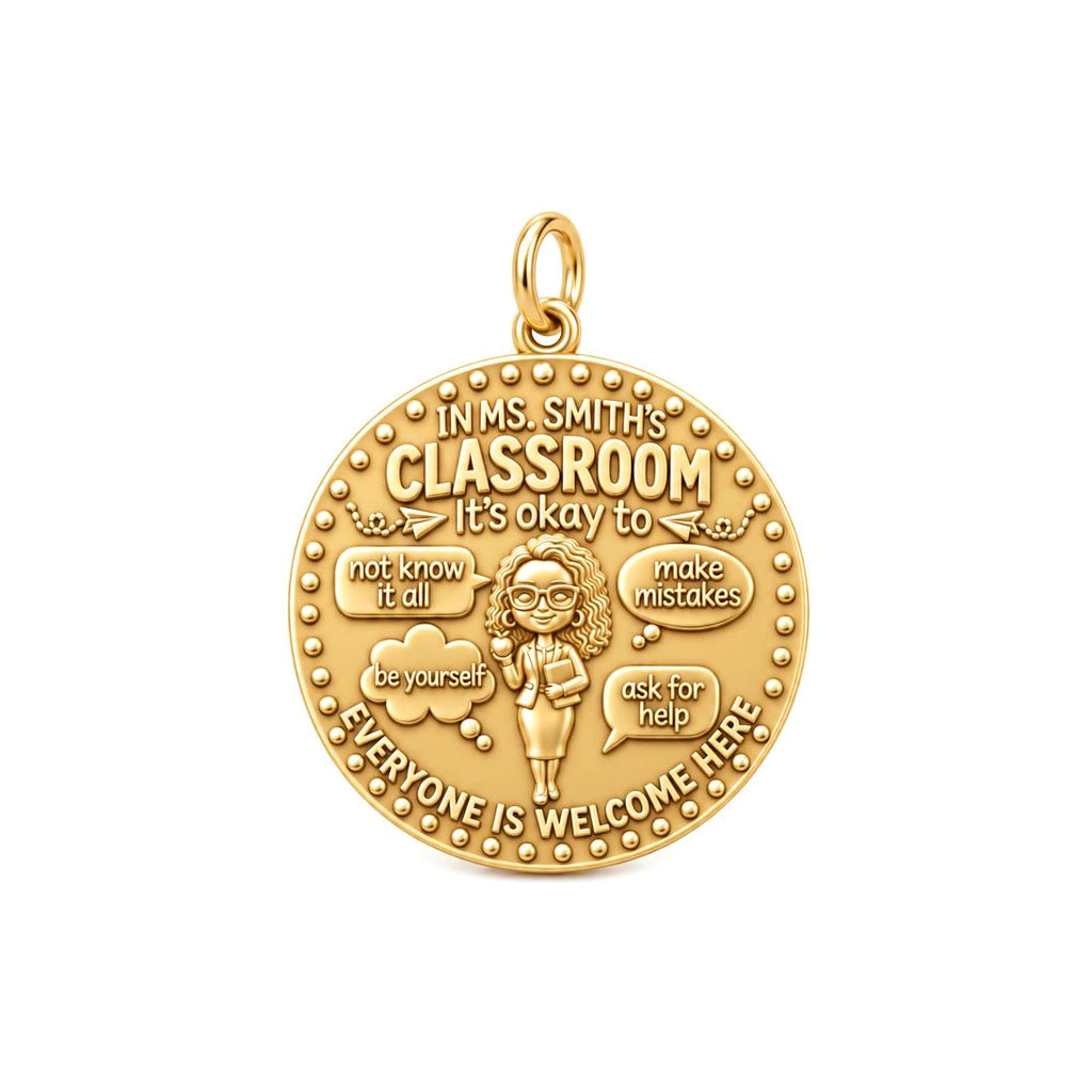 Welcome Classroom Charm Bracelet – Personalized Teacher Gift – 18K gold plated 3 cm charm, front view